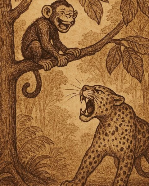 Monkey laughing from a tree while Leopard growls angrily below in a Gabonese forest