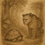 Tortoise hiding in his shell while Leopard looks frustrated - Gabonese folktale