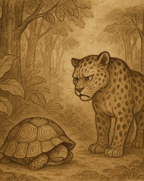 Tortoise hiding in his shell while Leopard looks frustrated - Gabonese folktale