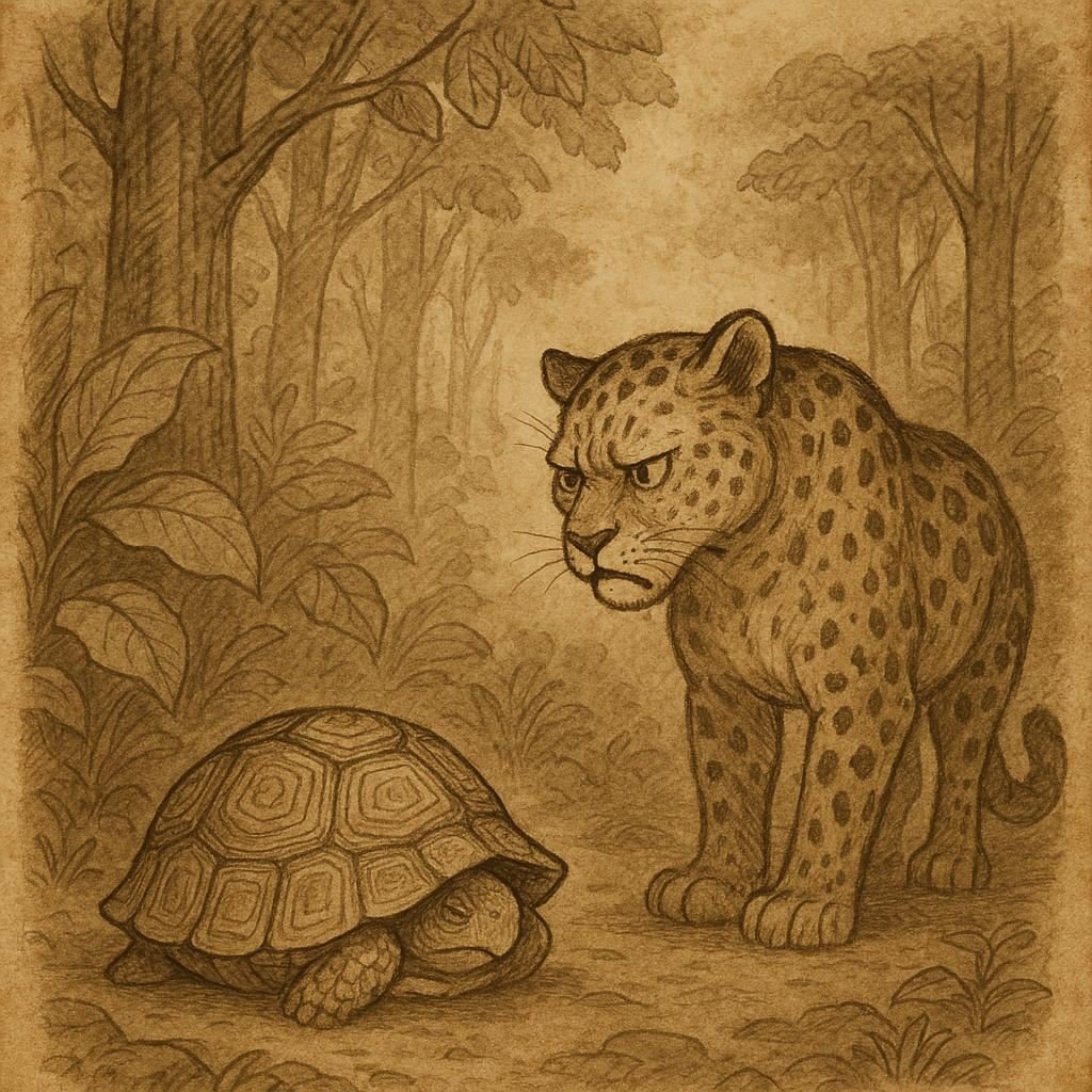 The Tortoise and the Leopard - Gabonese Folktale | FolktalesAfrica.com Tortoise hiding in his shell while Leopard looks frustrated - Gabonese folktale