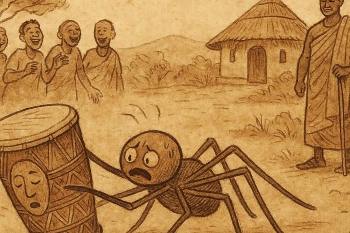 Parchment-style illustration of Ananse dropping the magical drum before villagers and chief, Ashanti folktale from Ghana.