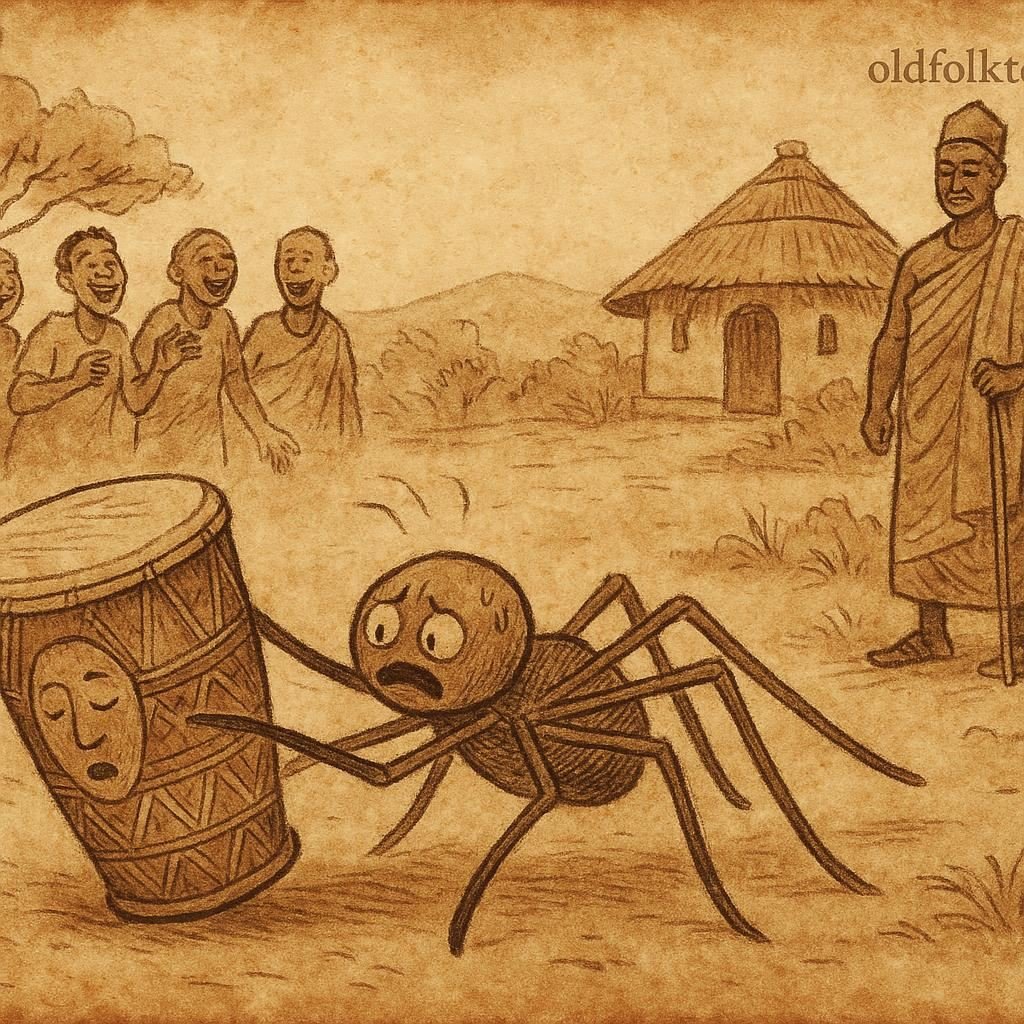 Parchment-style illustration of Ananse dropping the magical drum before villagers and chief, Ashanti folktale from Ghana.