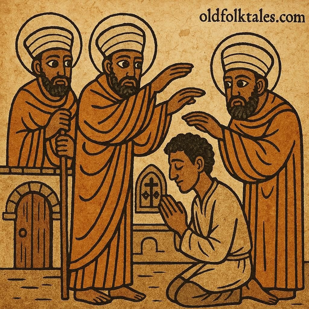 Humble young man receives blessings from monks in a monastery in a Tigray Ethiopian folktale