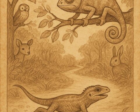 A lizard running quickly while a chameleon walks slowly on a branch as animals watch in the forest – Guinean folktale