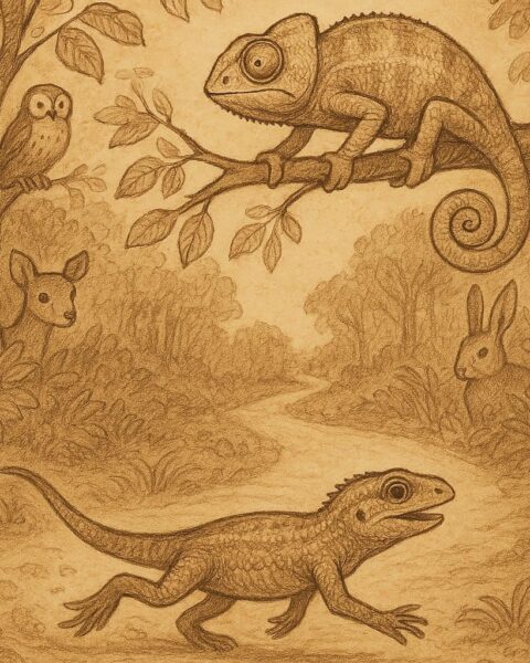 A lizard running quickly while a chameleon walks slowly on a branch as animals watch in the forest – Guinean folktale