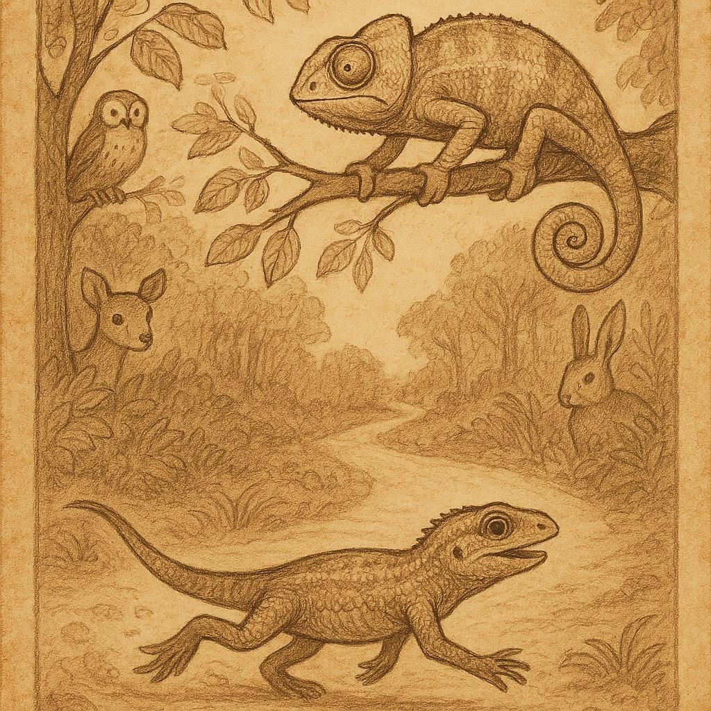 A lizard running quickly while a chameleon walks slowly on a branch as animals watch in the forest – Guinean folktale