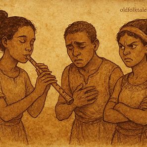 Illustration of Fenda Maria playing magical flute before Nga Nzua, an Angolan Kimbundu folktale.