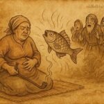 Illustration of Angolan Kimbundu folktale woman bursting as magical fish escapes, cautionary tale of desire.