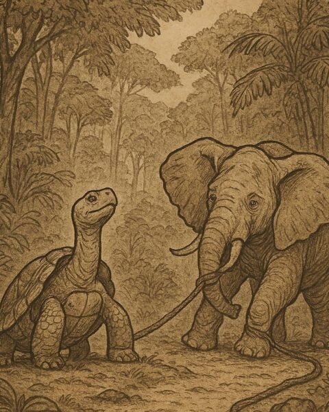 Tortoise outsmarts Elephant in a Gabonese forest with a rope trick