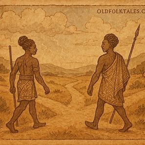 Illustration of Sudika-Mbambi and Kabundungulu separating, symbolized by thunder, from Kimbundu folktale of Angola.
