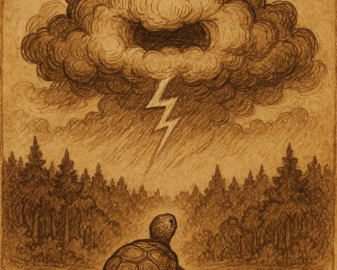 A tortoise standing calmly as a thundercloud roars above the forest - Gabonese folktale