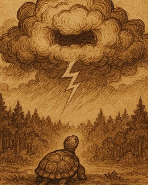 A tortoise standing calmly as a thundercloud roars above the forest - Gabonese folktale