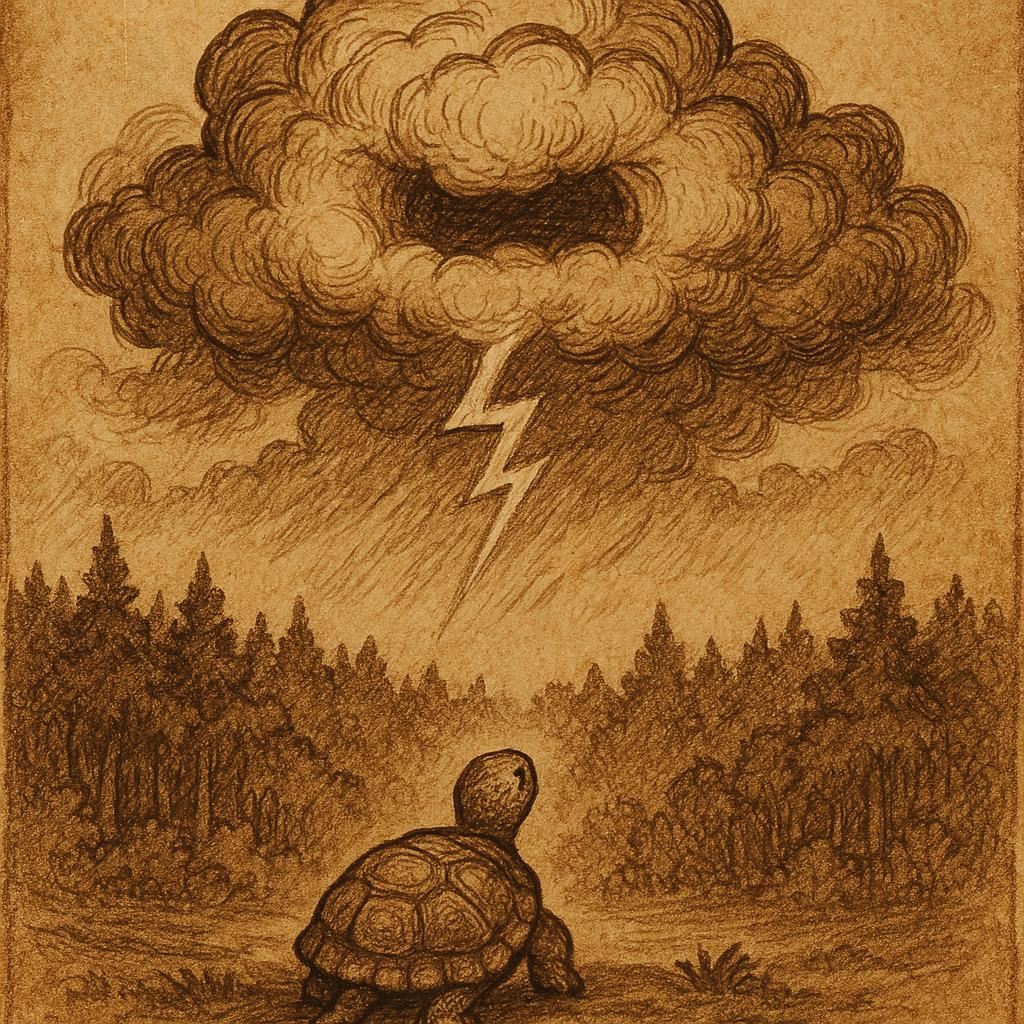 A tortoise standing calmly as a thundercloud roars above the forest - Gabonese folktale