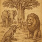 Iguana with a forked tongue facing judgment from Lion and other animals under a baobab tree - Benga folktale