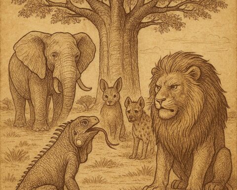 Iguana with a forked tongue facing judgment from Lion and other animals under a baobab tree - Benga folktale