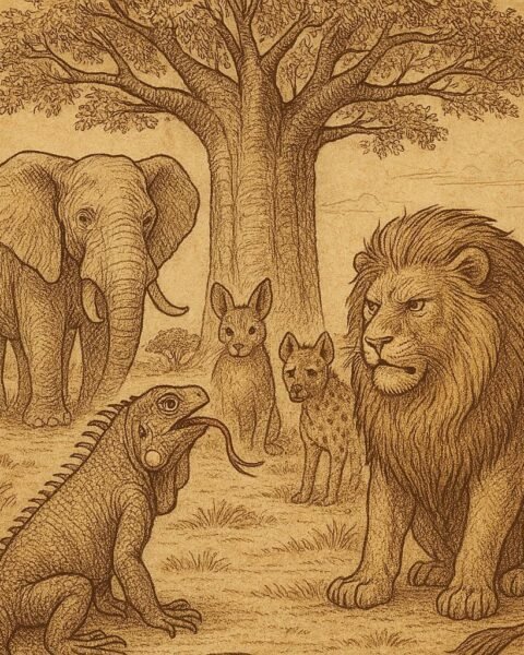 Iguana with a forked tongue facing judgment from Lion and other animals under a baobab tree - Benga folktale