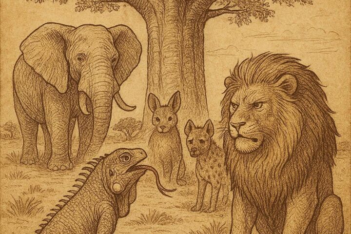 Iguana with a forked tongue facing judgment from Lion and other animals under a baobab tree - Benga folktale