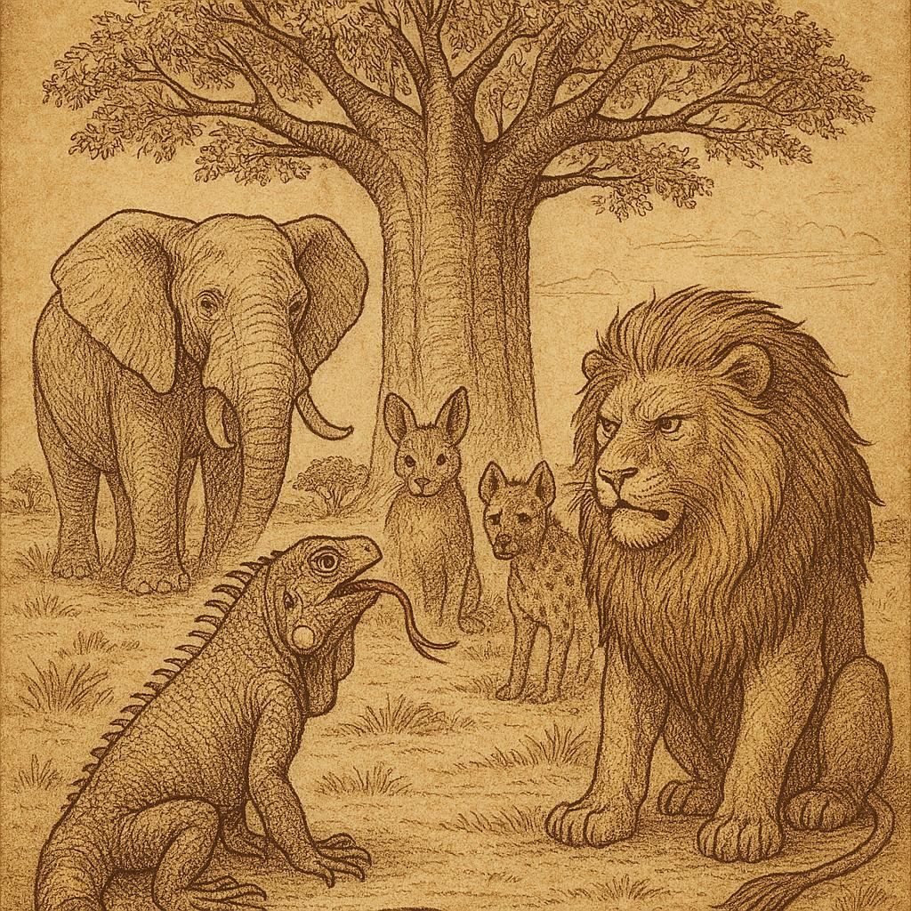 Iguana with a forked tongue facing judgment from Lion and other animals under a baobab tree - Benga folktale