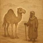 magical talking camel standing beside a poor Bedouin herder in the golden dunes of the Tunisian Sahara