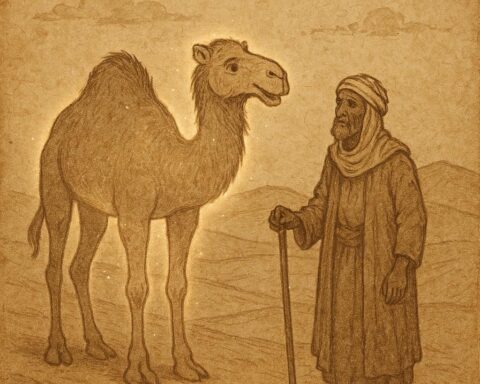 magical talking camel standing beside a poor Bedouin herder in the golden dunes of the Tunisian Sahara