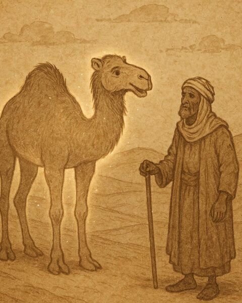 magical talking camel standing beside a poor Bedouin herder in the golden dunes of the Tunisian Sahara
