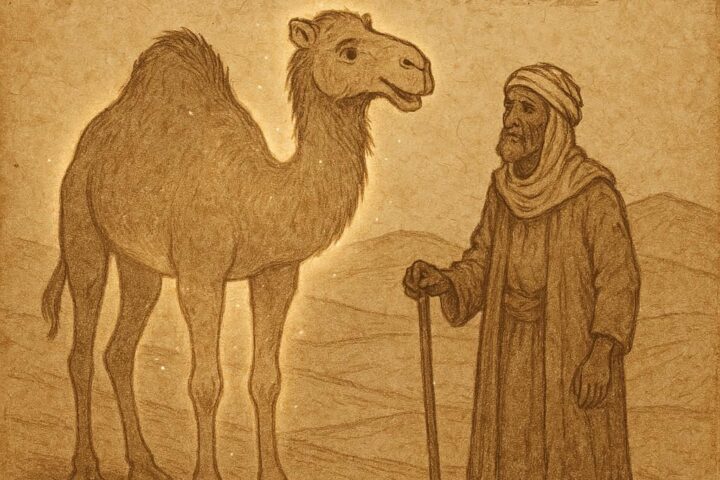 magical talking camel standing beside a poor Bedouin herder in the golden dunes of the Tunisian Sahara