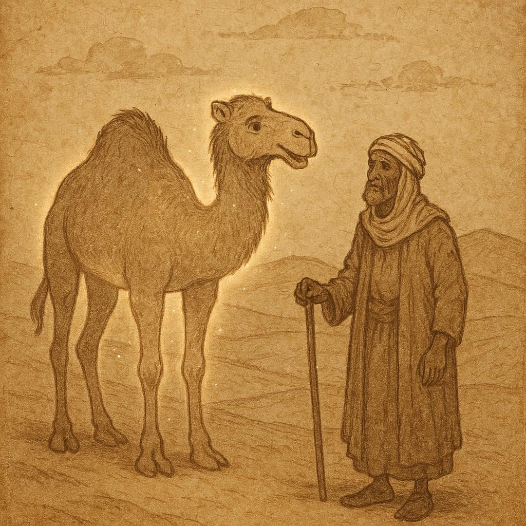 magical talking camel standing beside a poor Bedouin herder in the golden dunes of the Tunisian Sahara