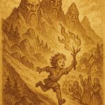 Brave child carrying fire branch down a mountain chased by spirits, Sierra Leonean folktale
