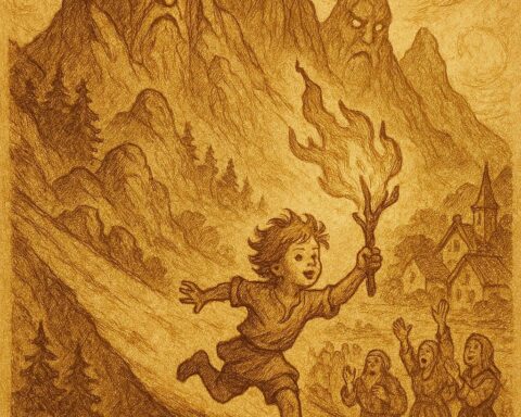 Brave child carrying fire branch down a mountain chased by spirits, Sierra Leonean folktale