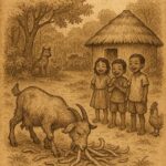 Goat eating cassava peels near a human village while children watch - Benga folktale