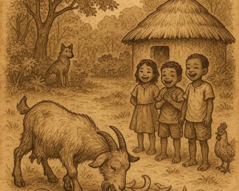 Goat eating cassava peels near a human village while children watch - Benga folktale