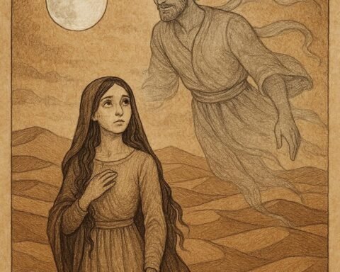 A woman standing under moonlight with her magical moon husband - Mauritanian folktale