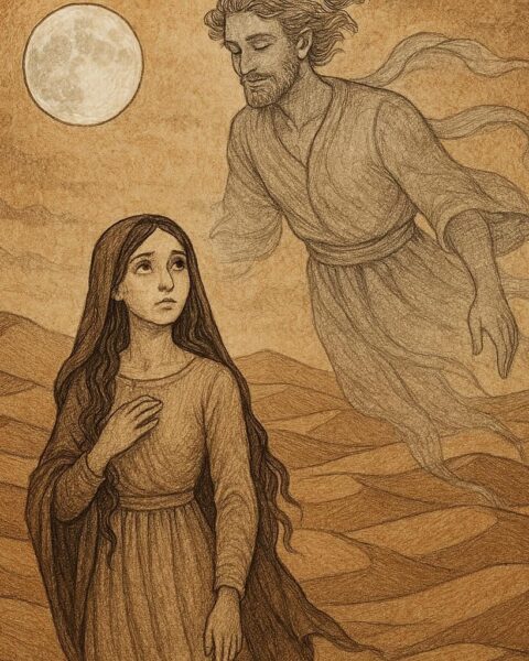 A woman standing under moonlight with her magical moon husband - Mauritanian folktale