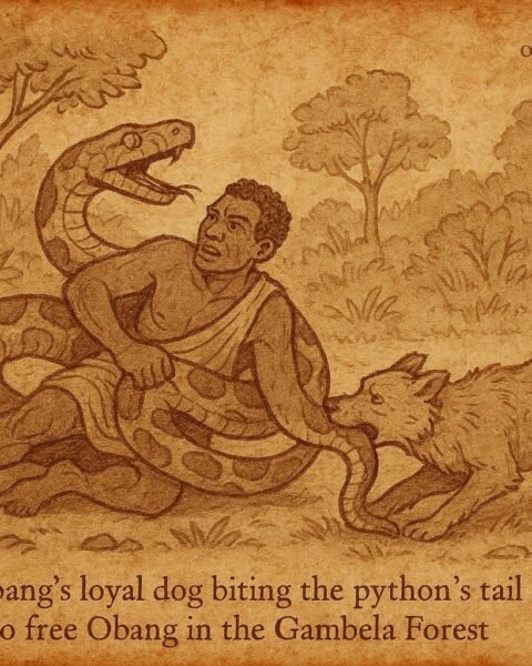 Parchment-style illustration of Obang’s dog saving him from a python in Gambela, Ethiopia.