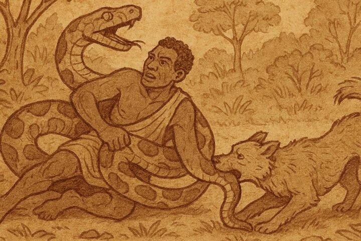 Parchment-style illustration of Obang’s dog saving him from a python in Gambela, Ethiopia.