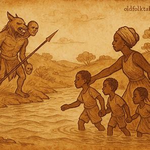 Ngana Samba carries her children across a river, escaping the Ma-kishi in a Kimbundu Angolan folktale.