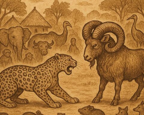 A leopard challenging a ram in a Benga folktale from Equatorial Guinea.