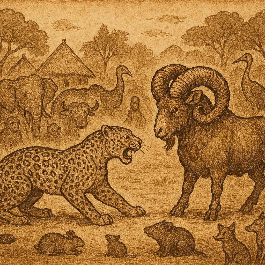 A leopard challenging a ram in a Benga folktale from Equatorial Guinea.