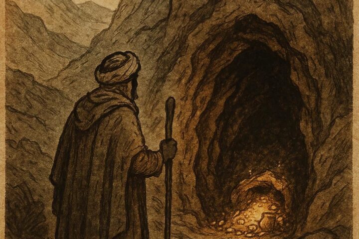 a young Berber shepherd standing at the entrance of a dark cave in the Tunisian mountains with treasure glowing inside.