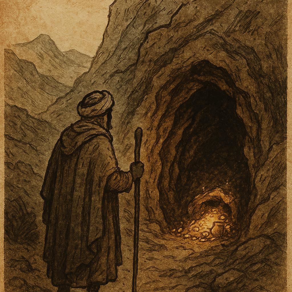a young Berber shepherd standing at the entrance of a dark cave in the Tunisian mountains with treasure glowing inside.