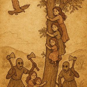 Four sisters hide in a tree while Ma-Kishi spirits chop, saved by a hawk in Kimbundu folktale.