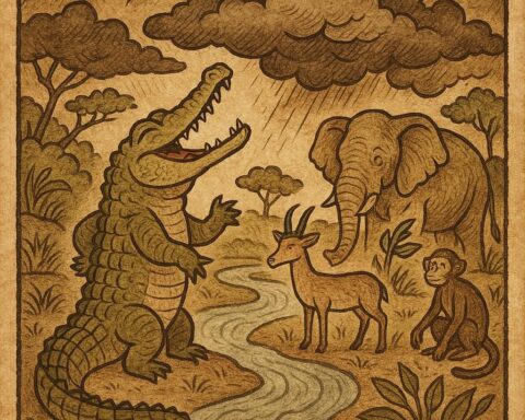 a proud crocodile on a riverbank in Gabon boasting to animals as storm clouds gather - Gabonese folktale