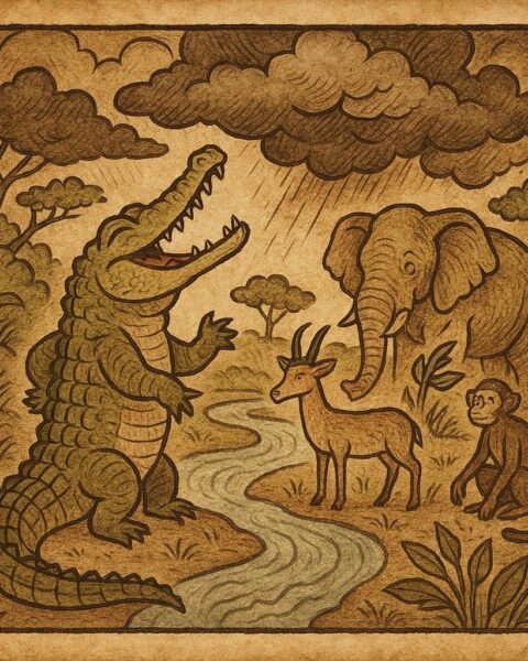 a proud crocodile on a riverbank in Gabon boasting to animals as storm clouds gather - Gabonese folktale