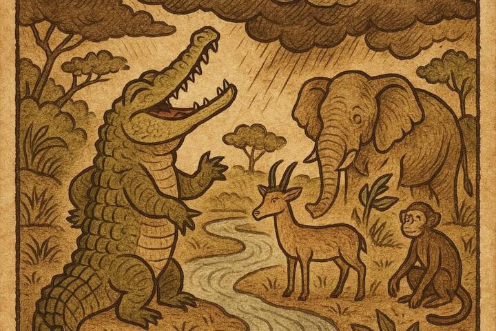a proud crocodile on a riverbank in Gabon boasting to animals as storm clouds gather - Gabonese folktale