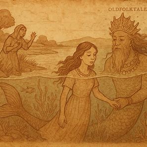 Illustration of Kianda spirit marrying young woman, Angolan Kimbundu folktale, underwater scene with ornaments and gifts