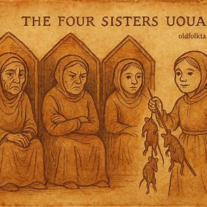 Four Angolan sisters named Uoua, youngest holding preserved rats, in a Kimbundu folktale scene.