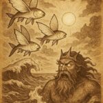 Three Flying Fish Brothers Seychellois folktale with fish leaping into the sky and the sea god rising in anger