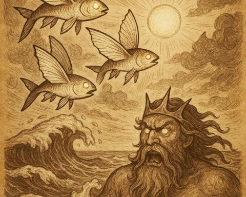 Three Flying Fish Brothers Seychellois folktale with fish leaping into the sky and the sea god rising in anger