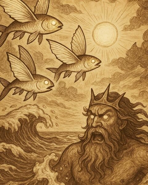 Three Flying Fish Brothers Seychellois folktale with fish leaping into the sky and the sea god rising in anger