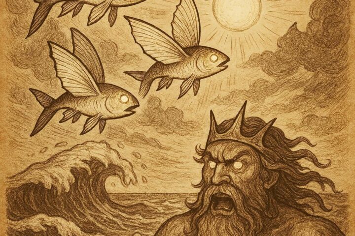 Three Flying Fish Brothers Seychellois folktale with fish leaping into the sky and the sea god rising in anger